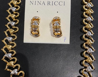 Nina Ricci Necklace w Pierced Earrings.Triple 22kt gold plated w rhodium accent.Removable 2 inch extensionNEW Designer, Vintage, Canadian