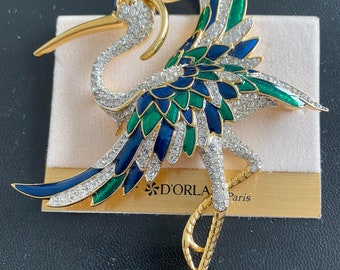 La Scala Designer Bird Brooch.  Triple 22kt gold plated w handset Swarovski crystal and hand painted enamel. Designer, Vintage