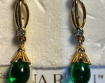 Nina Ricci Drop Pierced Earrings. Green Cabochon w handset Swarovski crystals. Triple 22kt gold plated. Designer, Canadian, Vintage, NEW