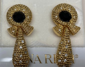 Nina Ricci Clip Signed Drop Earrings. Triple 22kt gold plated w handset Jet and clear Swarovski crystals. Canadian, Designer, Vintage, New