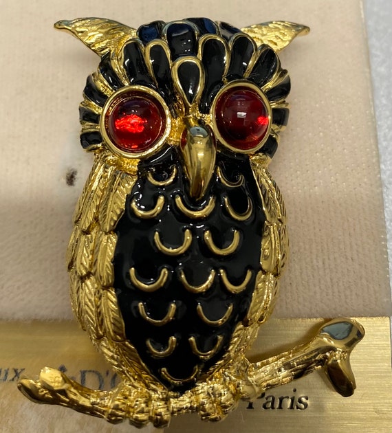 D'orlan Owl Brooch, 22kt Gold Plated, Blue Enamel, Ruby Eyes - Etsy