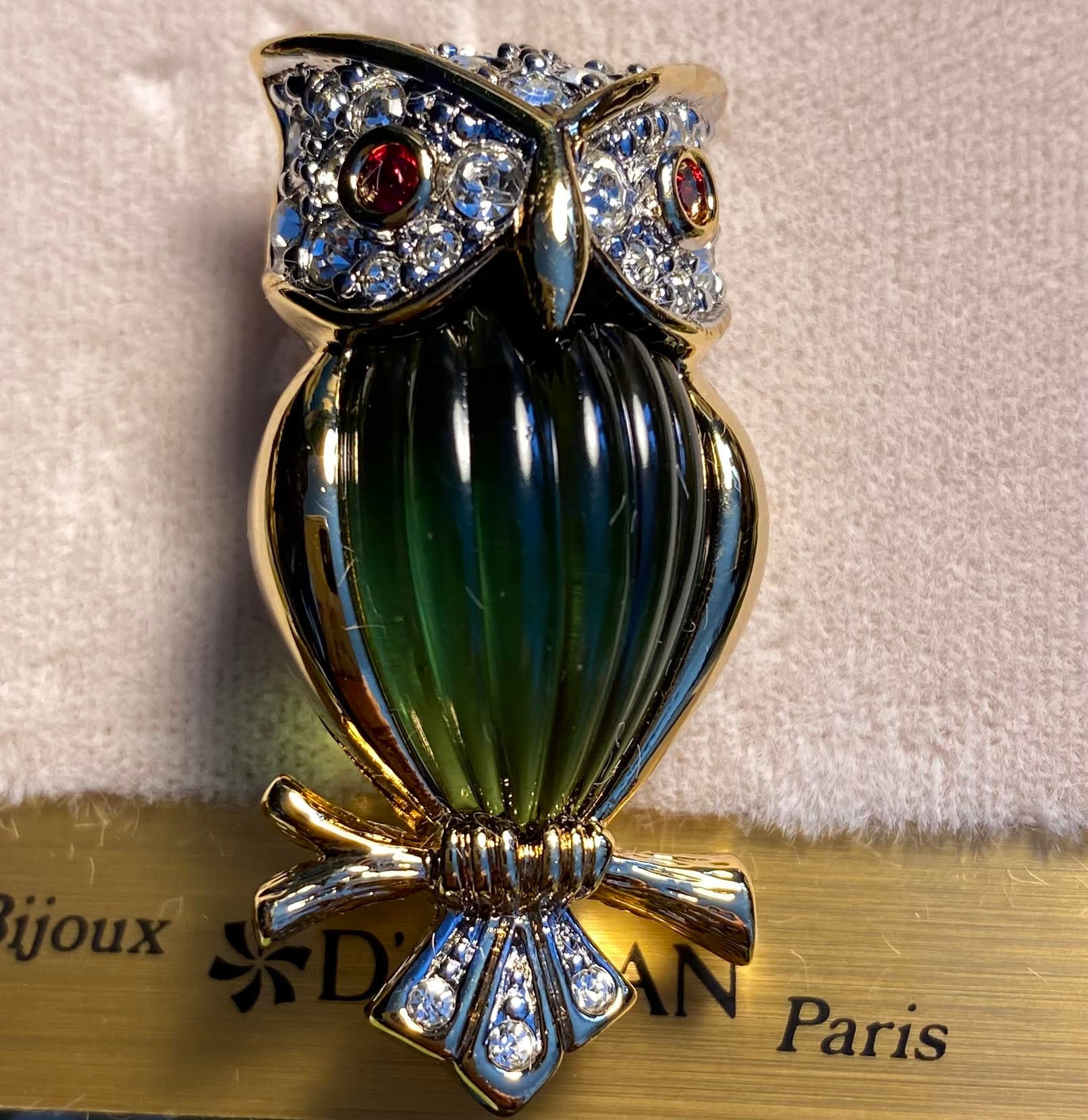 D'Orlan Signed Owl Triple 22kt gold plated w Green Resin, Ruby  Clear handset Swarovski Canadian, Rare, New piece - Main Image