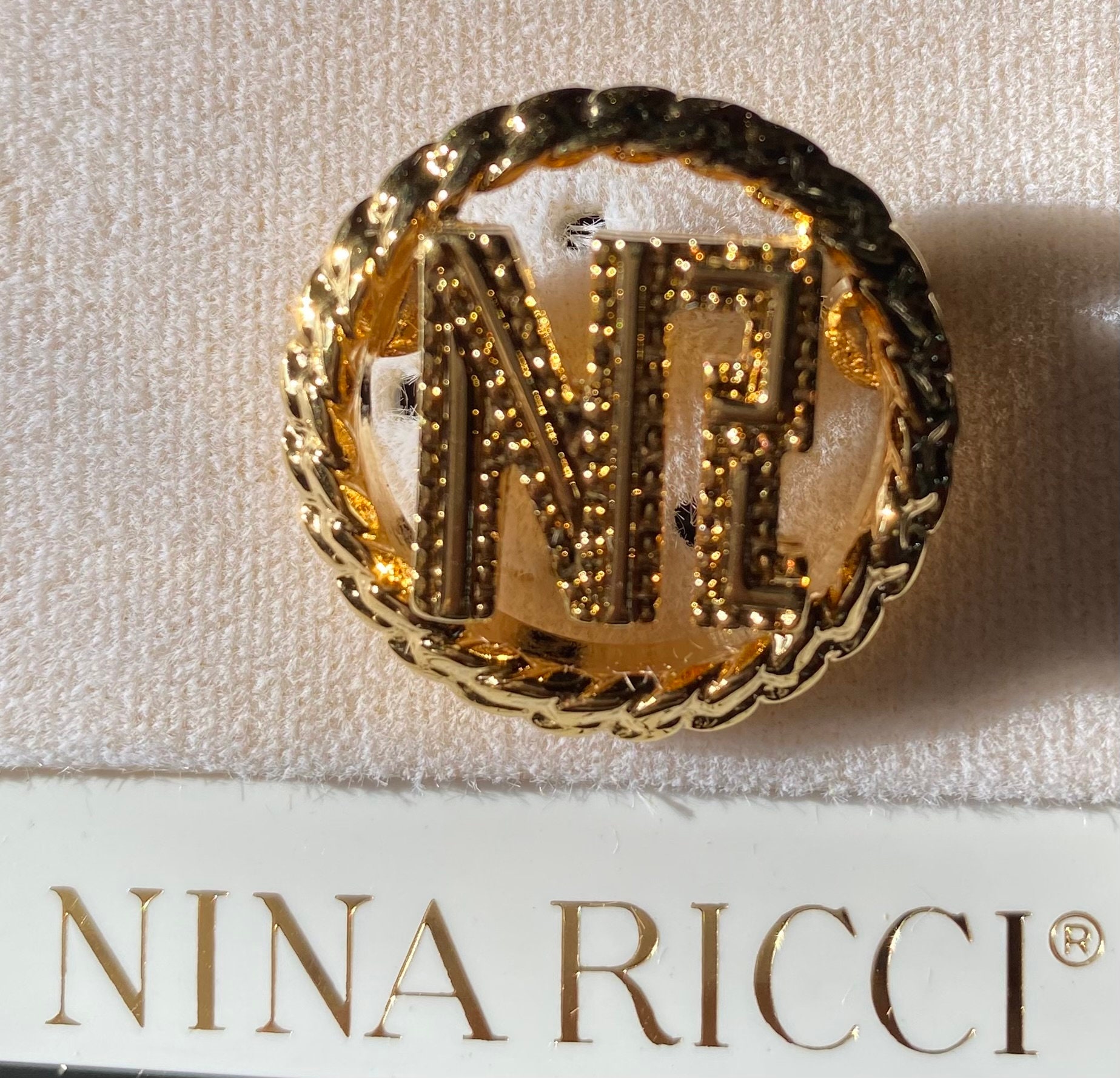 Nina Ricci LOGO NR Brooch. Triple 22kt Gold Plated. Canadian, NEW