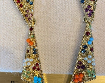 D&#39;Orlan Buried Treasure Rare pair of Pierced Multi earrings. Triple 22kt gold plated w handset Swarovski crystals & beads. Canadian, Vintage