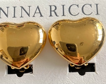 Nina Ricci Heart Earrings. Clip. Triple 22kt gold plated. Deswigner, Vintage, Canadian, New pair