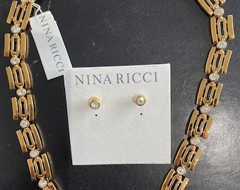 Nina Ricci Necklace with small Pierced Earrings. Triple 22kt gold plated w handset Swarovski crystals. 2 inch extension. Designer,Canadian