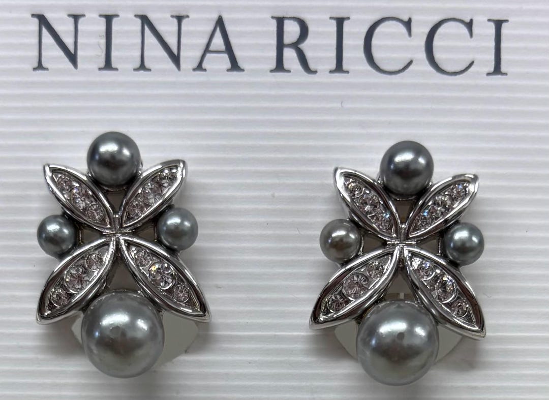 Nina Ricci Clip Grey Pearl W Swarovsky Crystals, Signed, Rhodium Plated ...