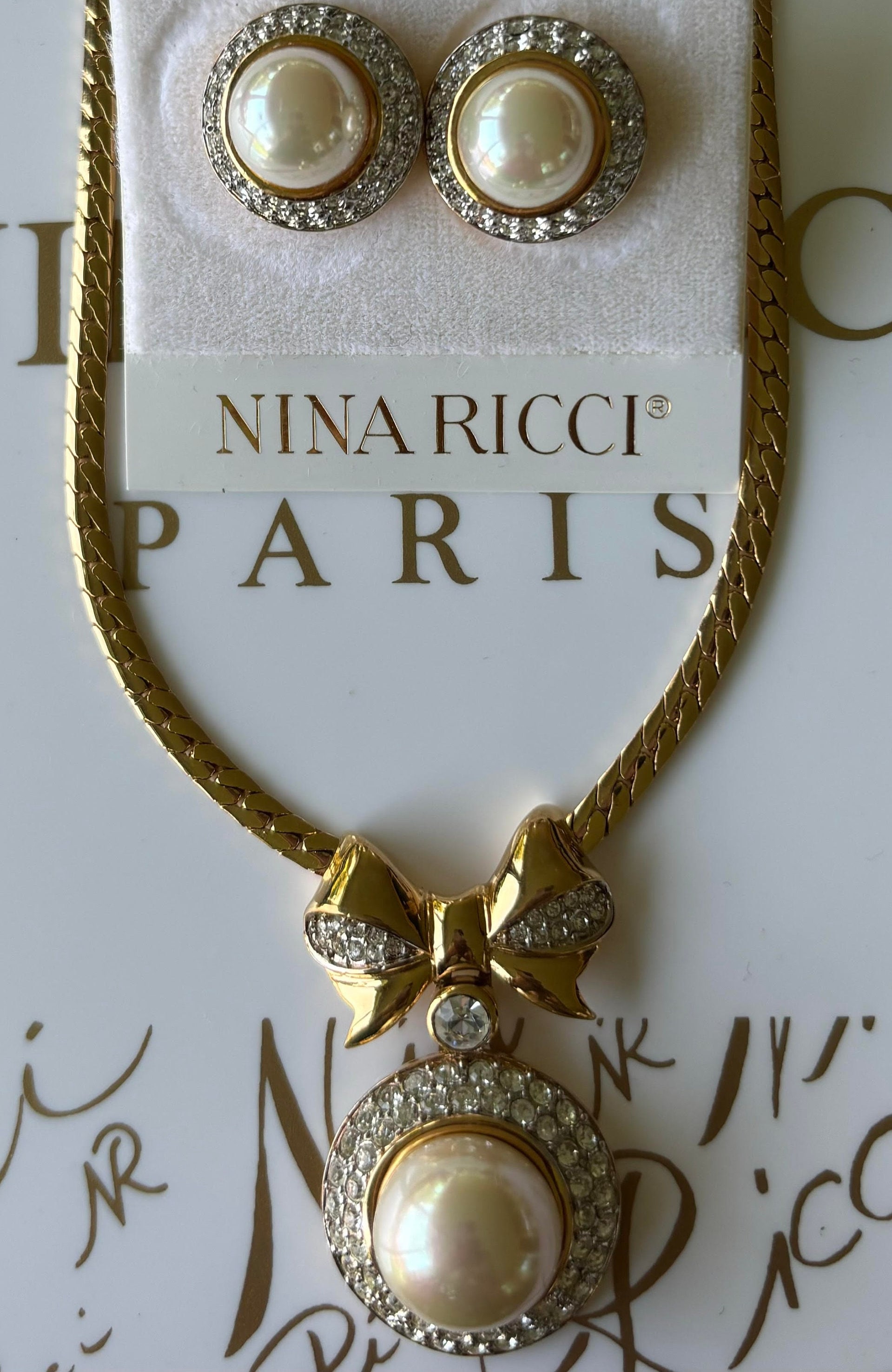 Nina Ricci Vintage Pearl Necklace & Earrings, 22kt Gold Swarovski