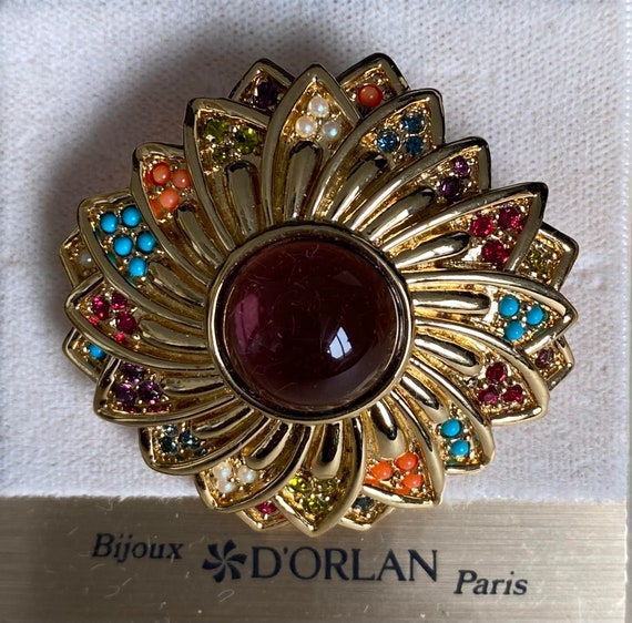 Broche Fantaisie Ancienne Style Art Déco - Métal Doré Avec Cabochon Mauve - Occasion
