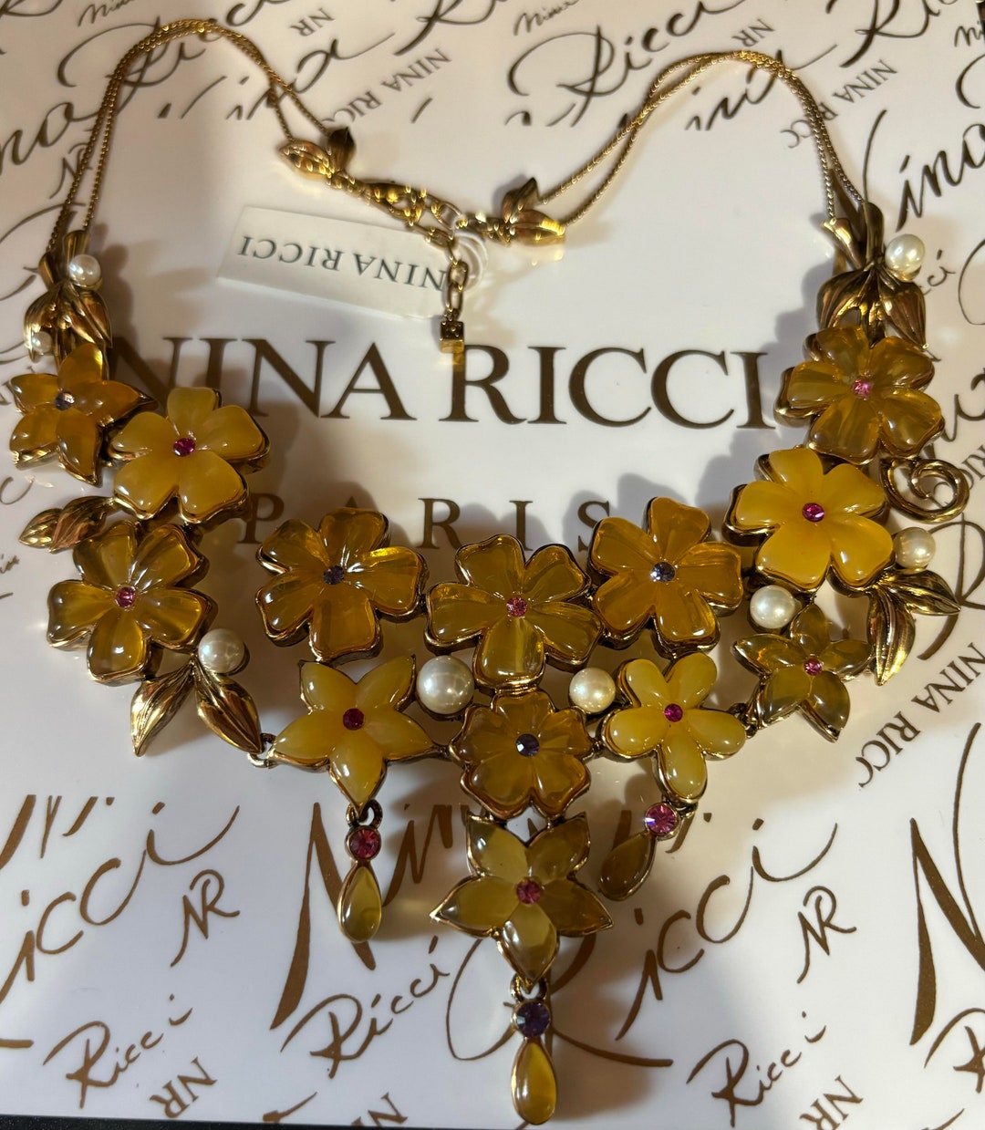 Nina Ricci Signed Necklace. Triple 22kt Gold Plated W Handset Pearls ...