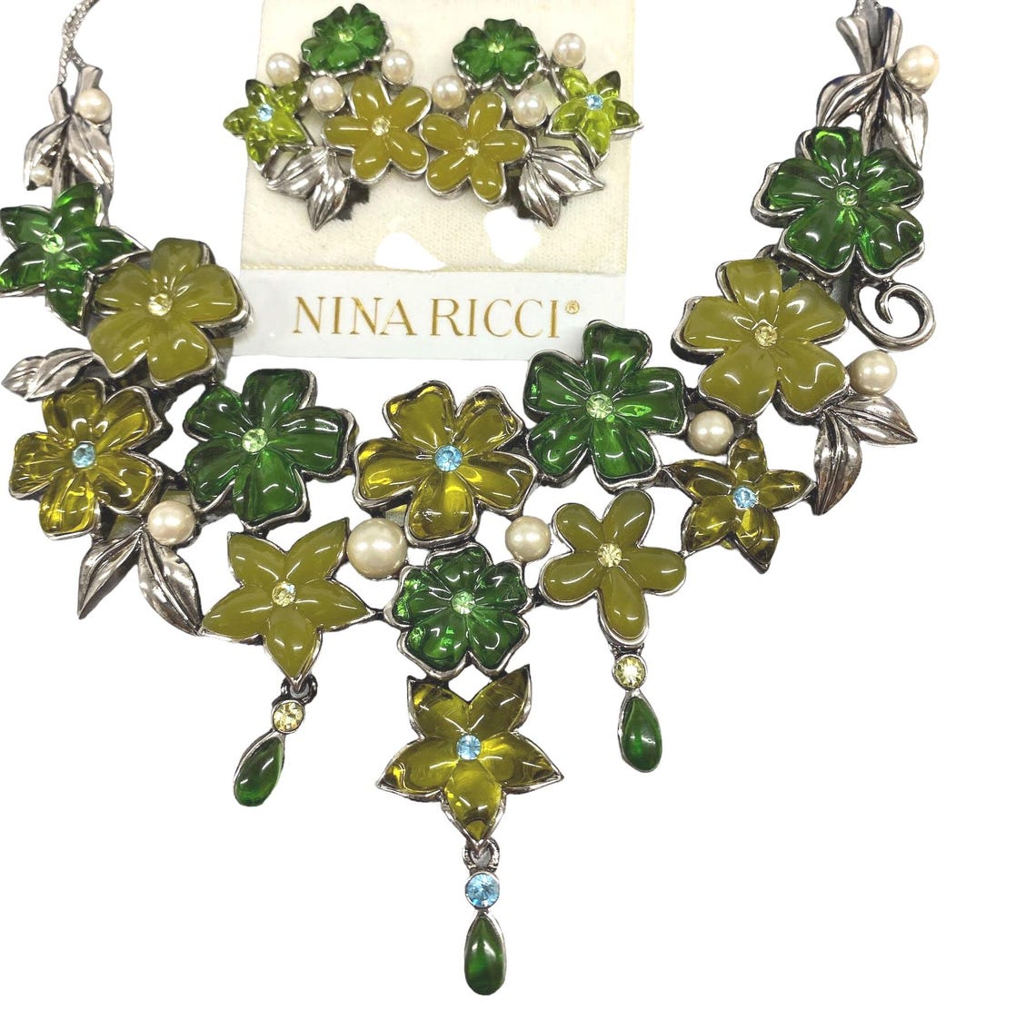 Nina Ricci Signed Necklace, Rhodium Plated, Swarovski Crystals, Resin ...