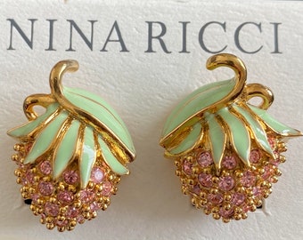 Nina Ricci Clip Strawberry Earrings. Triple 22kt gold plated w handset Swarovski pink crystals w hand painted green enamel.