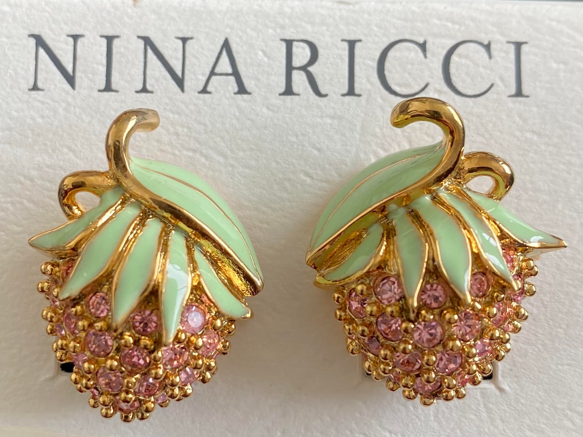 Nina Ricci Clip Strawberry Earrings. Triple 22kt Gold Plated