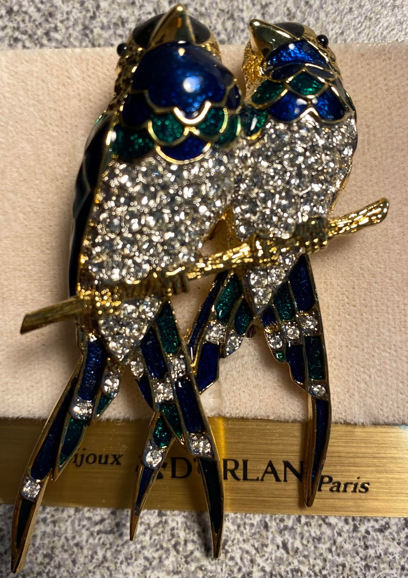 D'Orlan Signed Pair of Birds Brooch. Triple 22kt gold plated w hand painted Blue & Green enamel. Handset Swarovski crystals. Vintage, New image 2