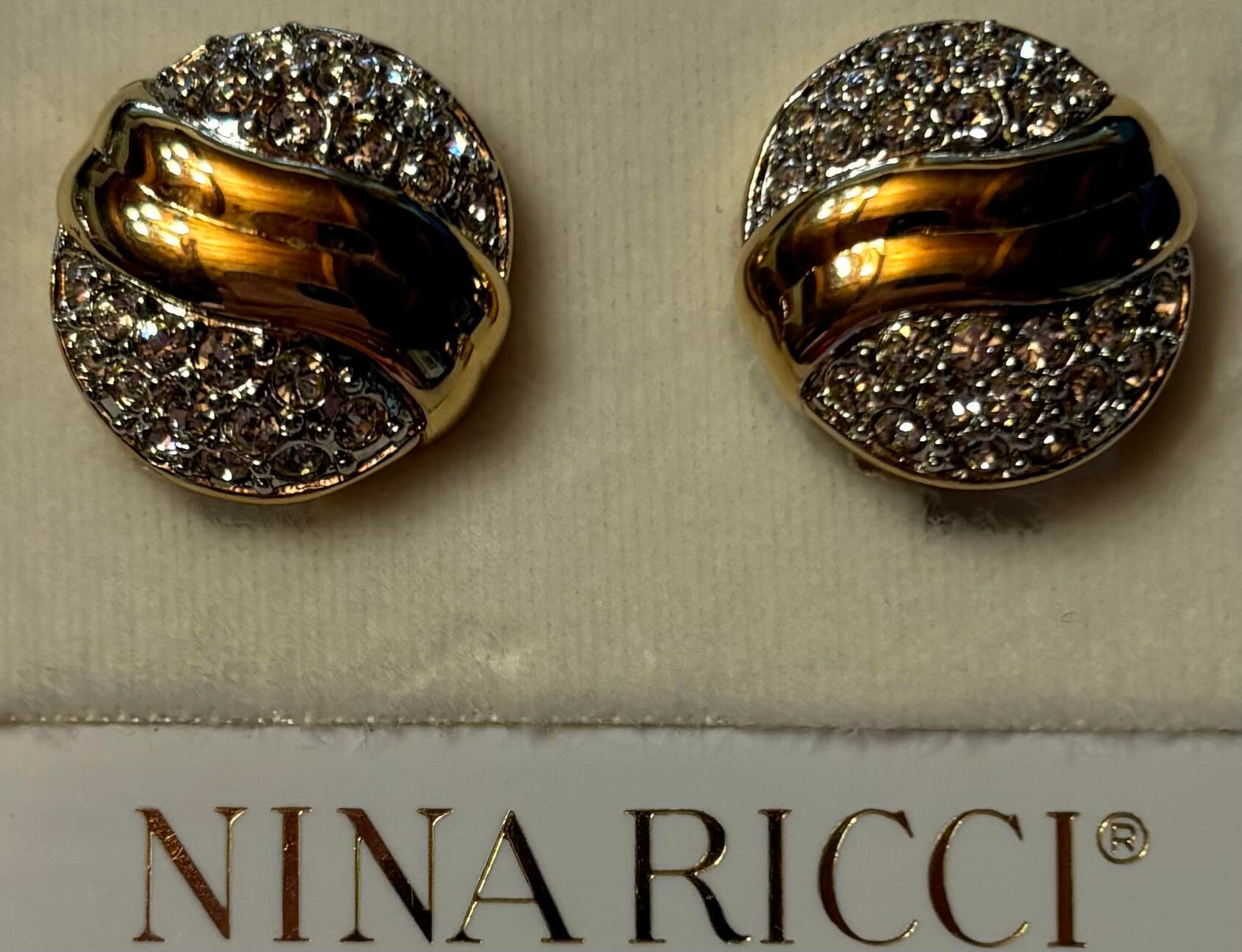 Vintage Nina Ricci Earrings, 22kt Gold Plated, Swarovski Crystals