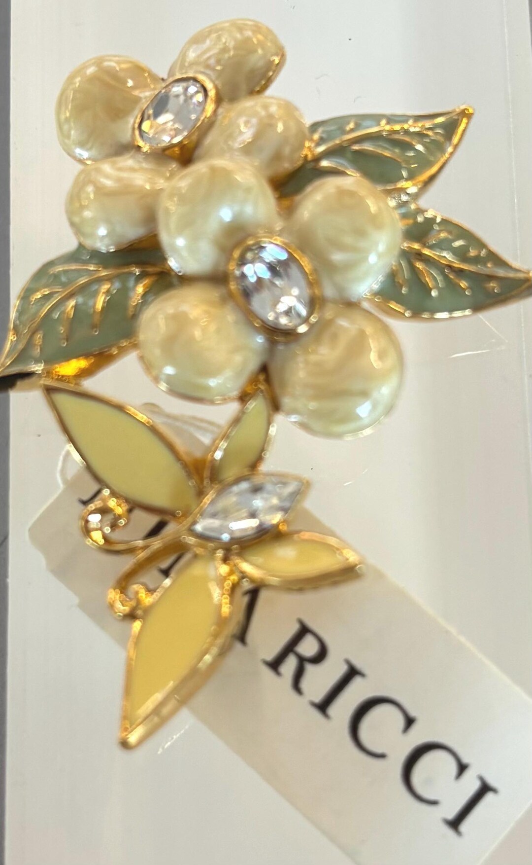 Crystal Ricci Nina Ricci Brooch,22kt Gold Plated,. Signed Flower, Enamel, Green ...