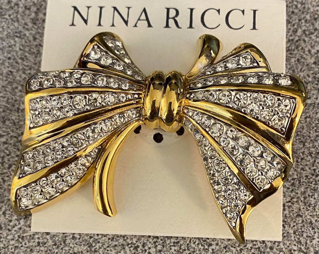 Vintage Nina Ricci Signed Bow Brooch, 22kt Gold Plated, Swarovski