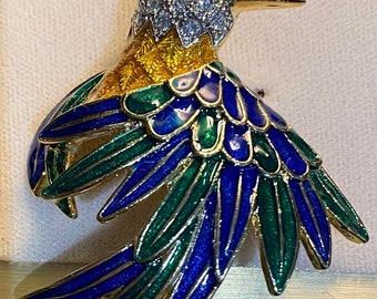 D'Orlanの鳥のブローチ。22金三層金メッキに、ブルーとグリーン