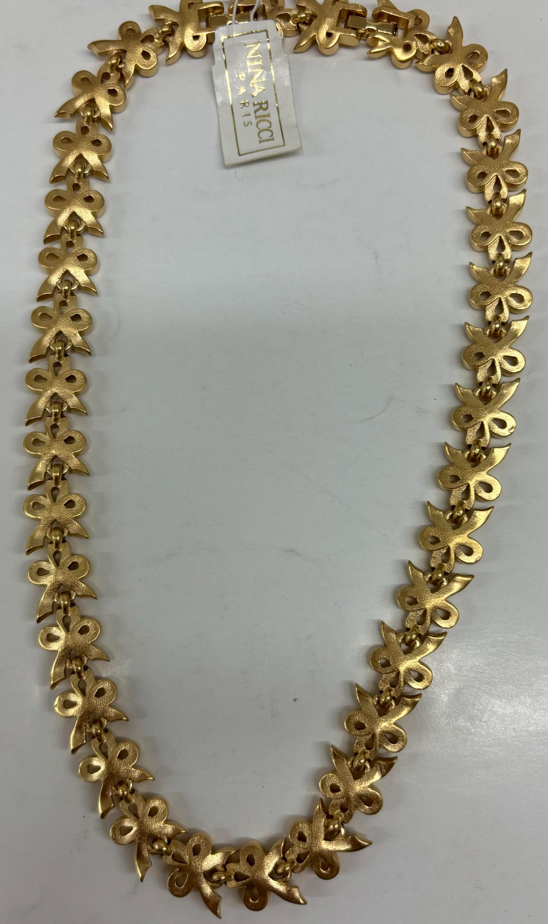 Nina Ricci Necklace, Small Bows, Signed, Triple 22kt Gold Plated