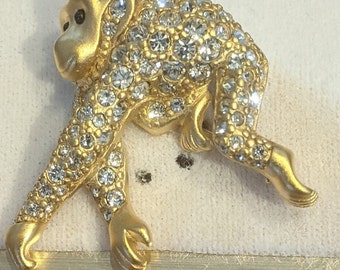 D&#39;Orlan Signed Ape Brooch, Matte finish.Triple 22kt gold plated w handset Swarovski crystals. canadian, New