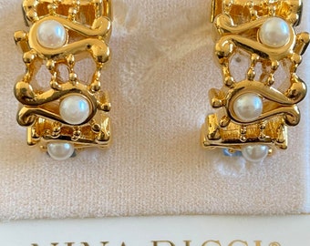 Nina Ricci Pierced Half Moon design earrings. Triple 22kt gold plated. Handset pearls. Designer, Vintage, Canadian, New pair