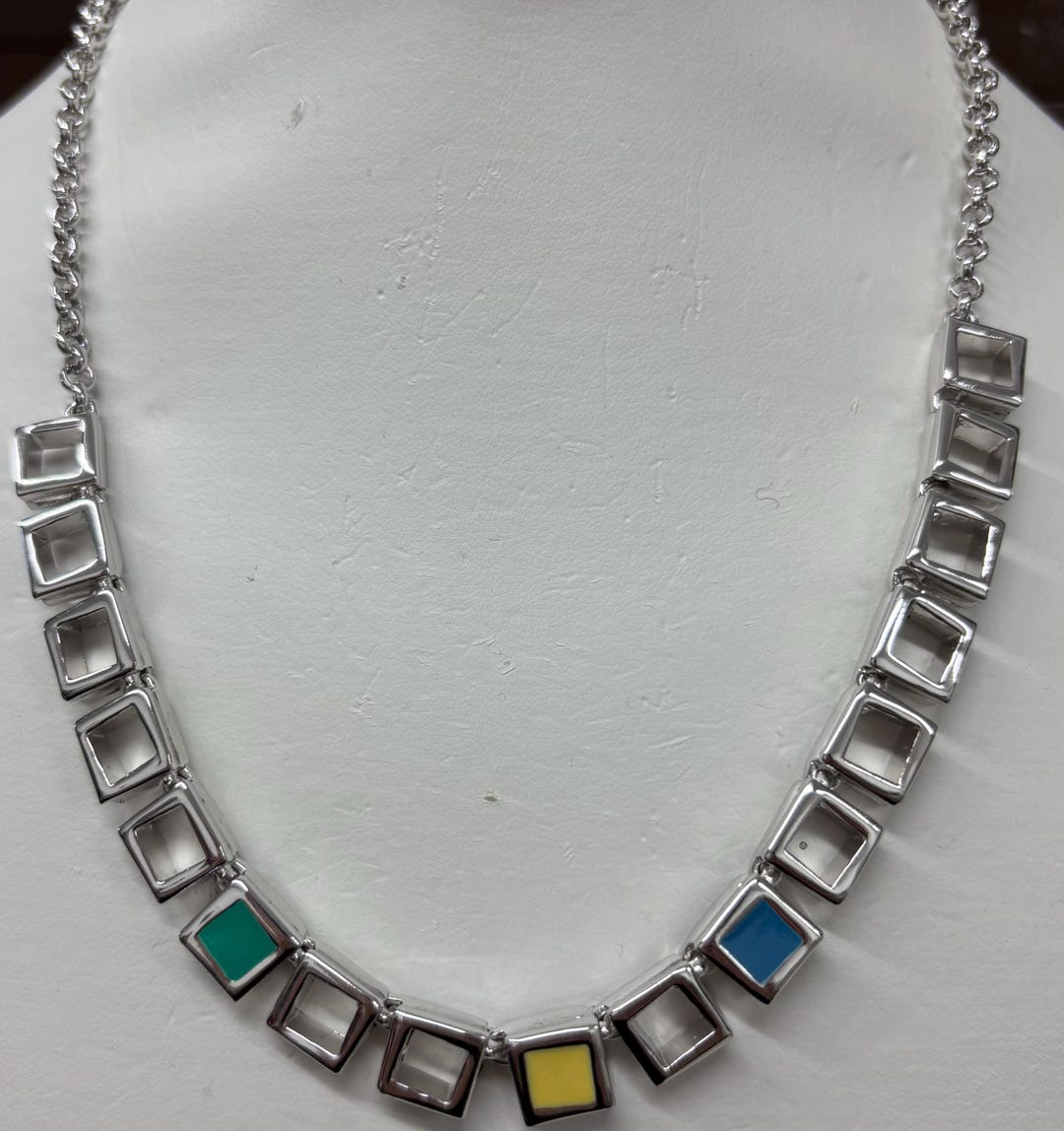 Nina Ricci Necklace, Signed, Rhodium Plated W Green Yellow and Blue ...