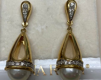 Nina Ricci Pierced Drop Earrings. Triple 22kt gold plated w handset Swarovski Pearls &  crystals. Designer, Vintage, Canadian, New Pair
