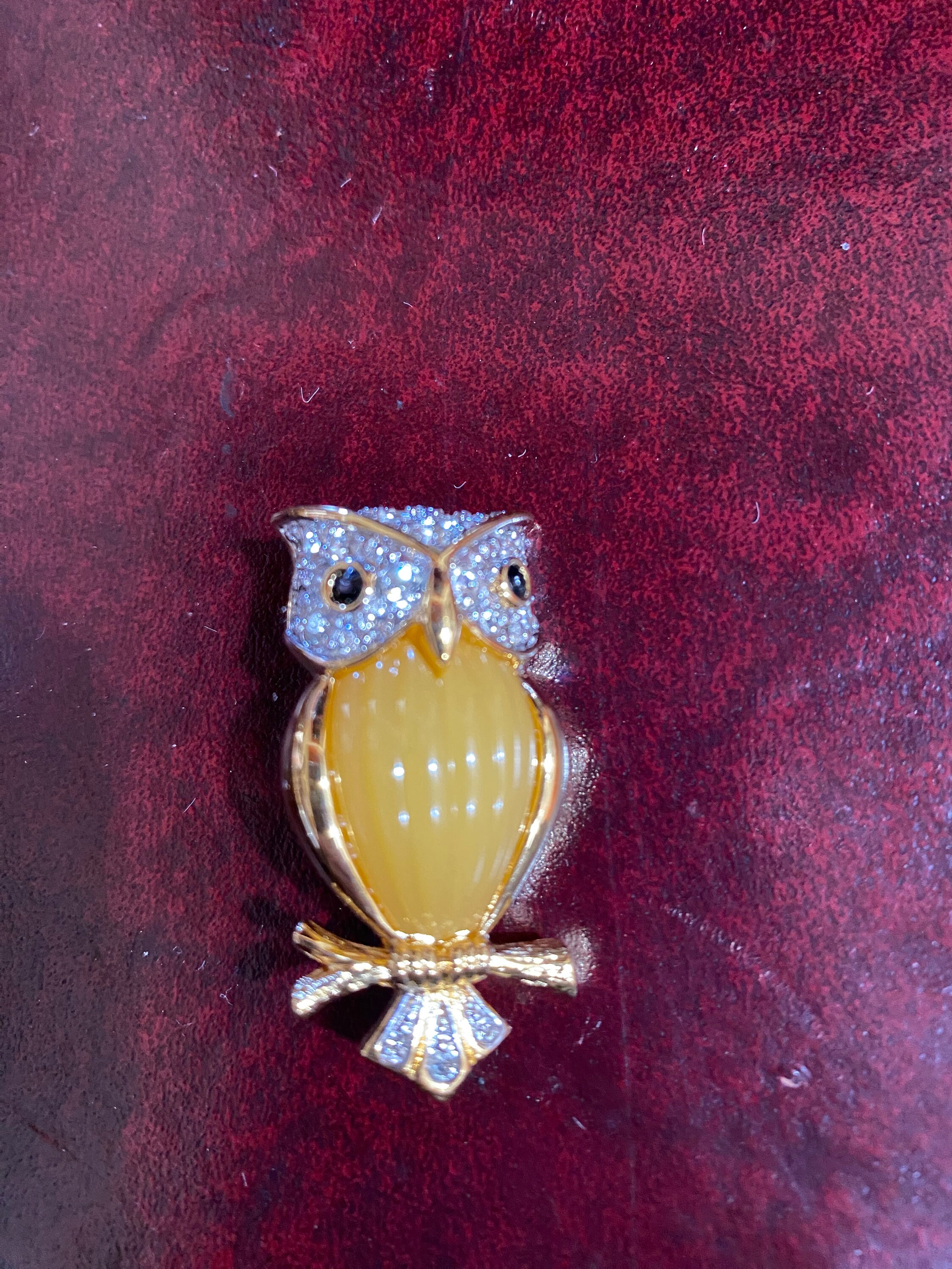 D'Orlan Small Signed Owl w Cabochon yellow tummy and handset Swarovski crysals Canadian