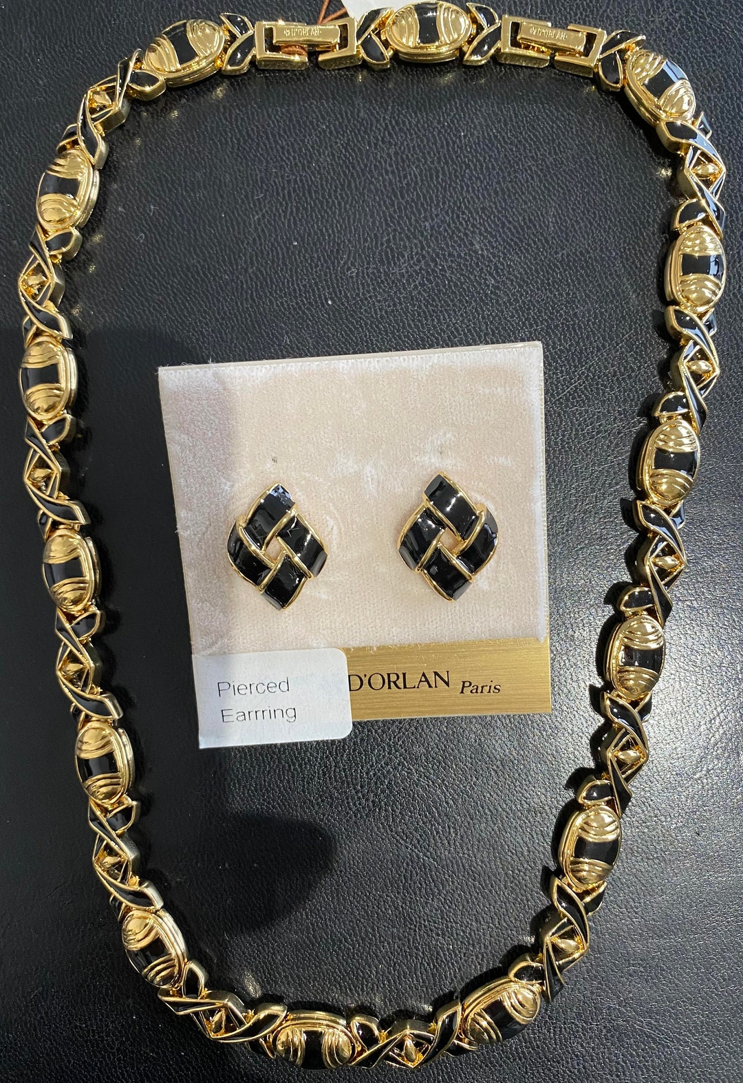 D'orlan Necklace and Pierced Earrings. Hand Painted Black D'orlan Necklace and Pierced Earrings. Hand Painted Black