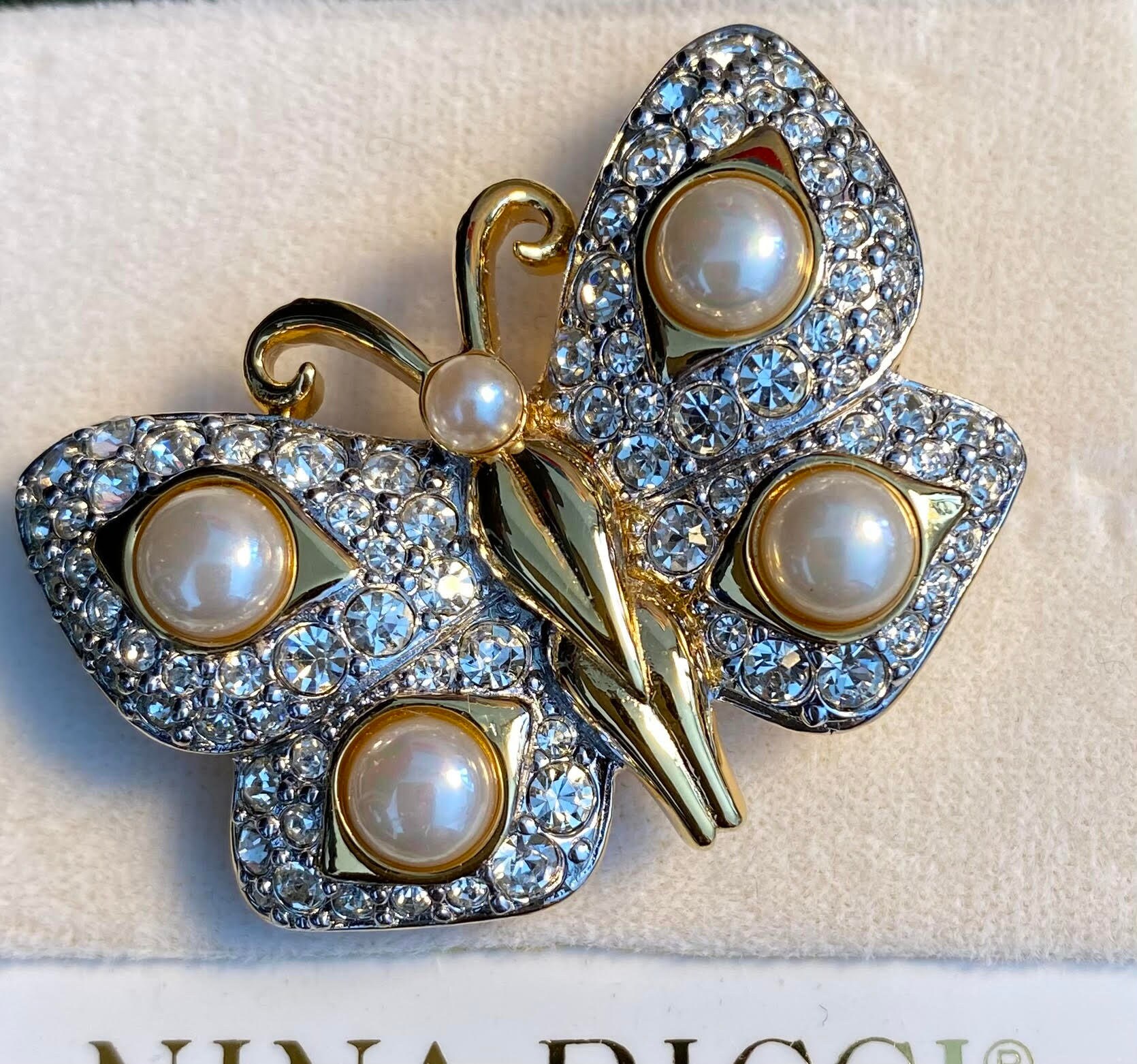 Vintage Nina Ricci Butterfly Brooch, 22kt Gold, Pearl & Crystal - Etsy