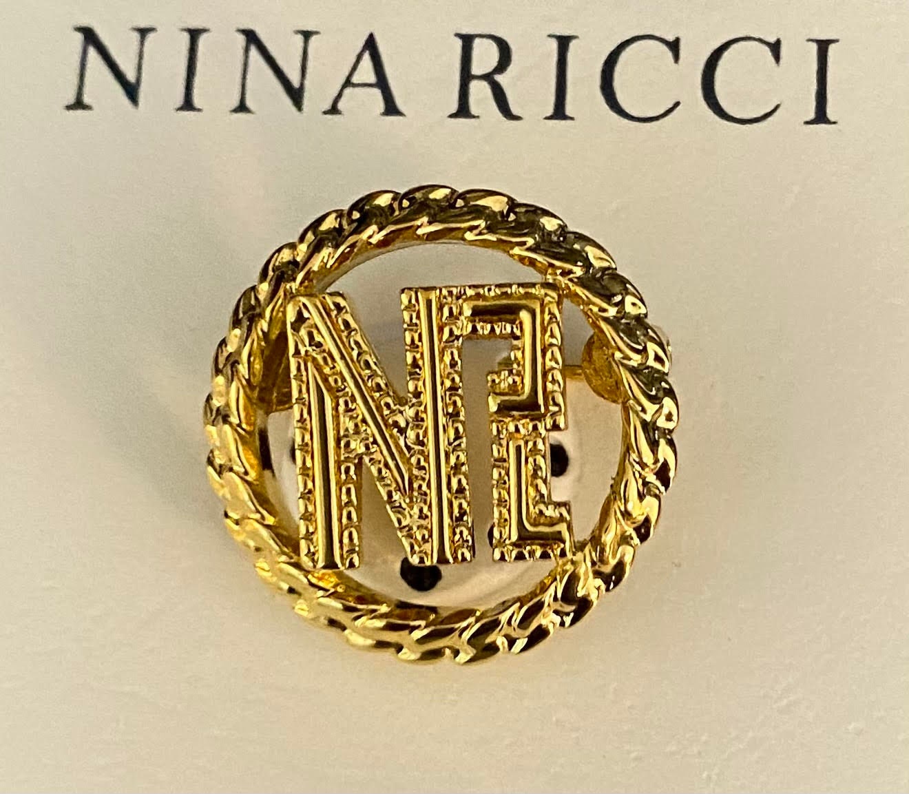 Nina Ricci LOGO Brooch. Triple 22kt Gold Plated. Designer, Vintage Nina Ricci LOGO Brooch. Triple 22kt Gold Plated. Designer, Vintage