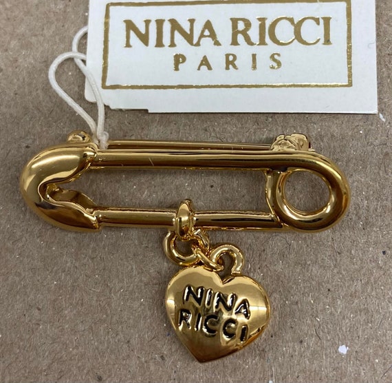 Vintage Nina Ricci Safety Pin Brooch, 22kt Gold Plated, Black