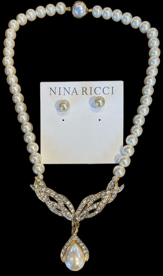 Vintage Nina Ricci Pearl Necklace Earring Set, 22kt Gold Plated