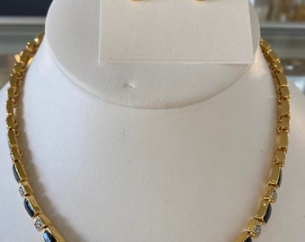 Nina Ricci Designer set - Necklace w pierced earrings..  Triple 22kt gold plated w handset Swarovski crystals & black enamel, New, Canadian