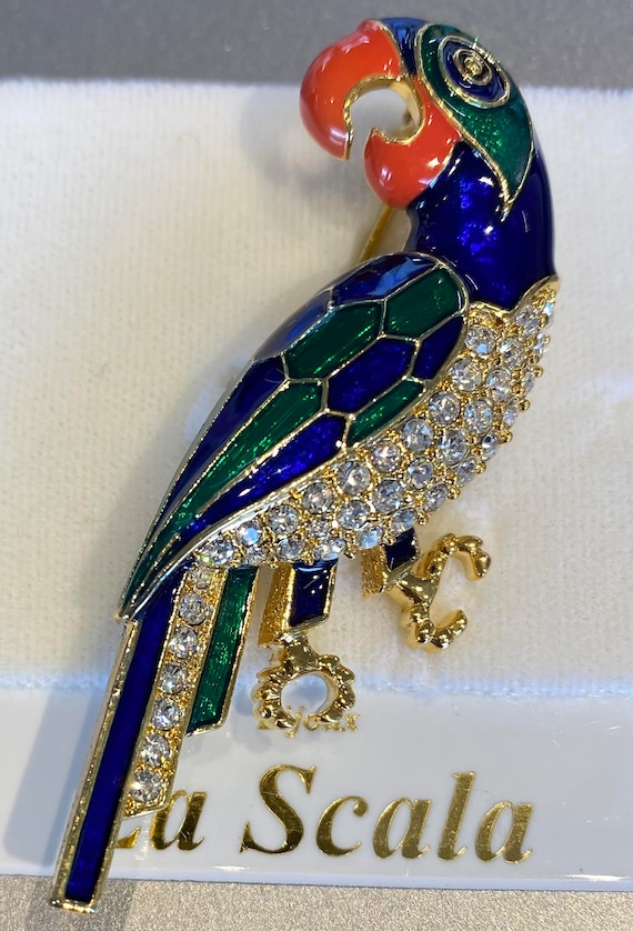 Broche Perroquet - Plaque Dorée Et émaillée Bleu/blanc - 3" X 1" - Occasion, En Bon état