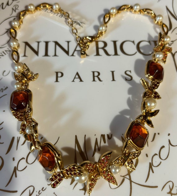 Vintage Nina Ricci Signed Necklace, 22kt Gold Plated, Pearls