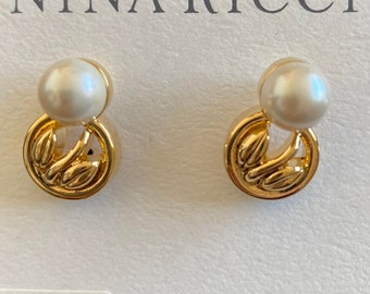 Nina Ricci Pierced Pearl Earrings. Swirl design. Triple 22kt gold plated w handset pearl. Designer, Vintage. Canadian. Lead and nickel free