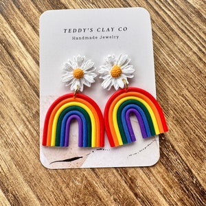 Polymer Clay Earrings, Rainbow Earrings, Daisy Earrings, Dangle Earrings, Floral Earrings, Handmade Polymer Clay Statement Earrings.