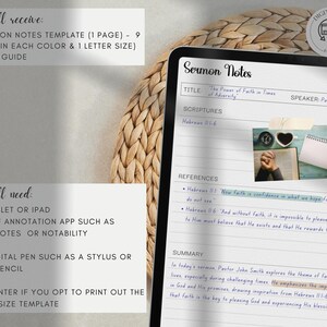 May include: A digital tablet displaying a sermon notes template with the title "The Power of Faith in Times of Adversity". The template includes sections for scriptures, references, and a summary. The template is designed for use with a digital pen or stylus.