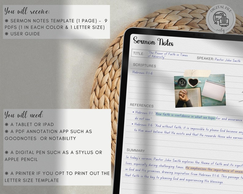May include: A digital tablet displaying a sermon notes template with the title "The Power of Faith in Times of Adversity". The template includes sections for scriptures, references, and a summary. The template is designed for use with a digital pen or stylus.