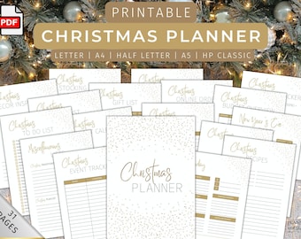 May include: A printable Christmas planner with 31 pages. The pages are decorated with a white background and gold glitter. The planner includes sections for stocking, gift list, online orders, budget overview, new year's eve, recipes, decor inspiration, to do list, miscellaneous, traditions, event tracking, and a playlist.