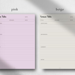 May include: Two printable sermon note templates, one in pink and one in beige. Each template has sections for title, scriptures, references, summary, and notes. The text "Sermon Notes" is at the top of each template.