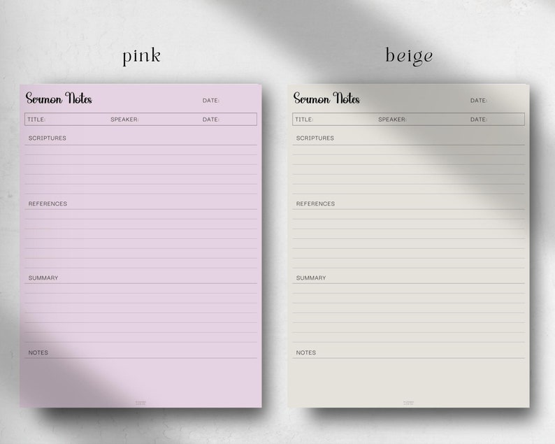 May include: Two printable sermon note templates, one in pink and one in beige. Each template has sections for title, scriptures, references, summary, and notes. The text "Sermon Notes" is at the top of each template.