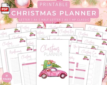 May include: Printable Christmas planner with 31 pages. The cover features a pink car with a Christmas tree and presents on top. The planner includes pages for a to-do list, guest list, budget overview, meal plan, and more.