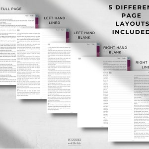 K&ouml;nnte beinhalten: F&uuml;nf verschiedene Seitenlayouts f&uuml;r einen Planer, darunter eine ganze Seite, eine linke Seite mit Linien, eine linke Seite leer, eine rechte Seite leer und eine rechte Seite mit Linien. Die Seiten sind wei&szlig; mit schwarzem Text und einem farbigen Streifen an der Seite.