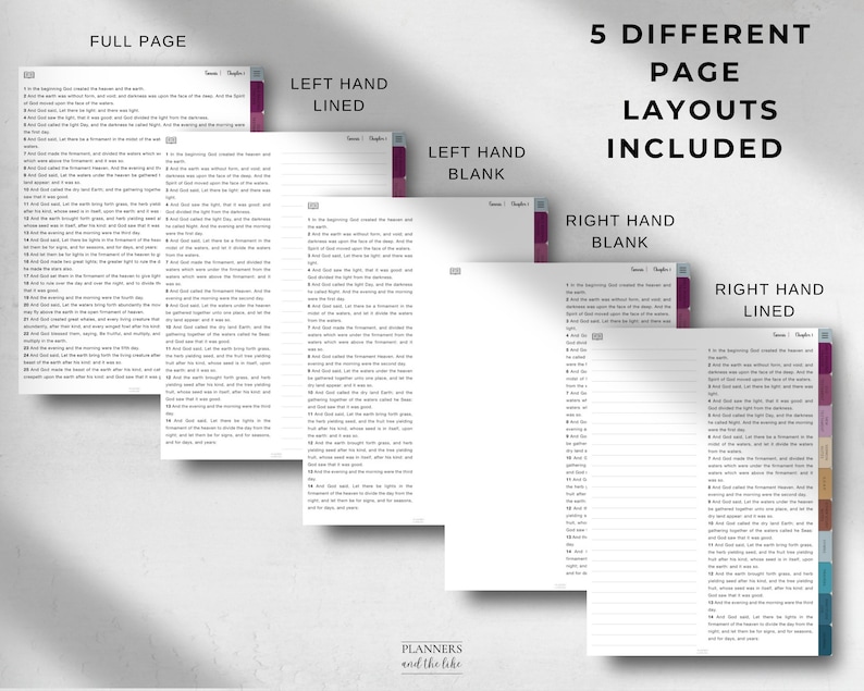 K&ouml;nnte beinhalten: F&uuml;nf verschiedene Seitenlayouts f&uuml;r einen Planer, darunter eine ganze Seite, eine linke Seite mit Linien, eine linke Seite leer, eine rechte Seite leer und eine rechte Seite mit Linien. Die Seiten sind wei&szlig; mit schwarzem Text und einem farbigen Streifen an der Seite.
