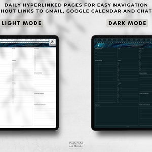 May include: Two digital planner interfaces, one in light mode and one in dark mode, are displayed. The light mode has a white background, while the dark mode has a dark teal background. Both show a daily planner layout with sections for priorities, schedule, and to-do lists. Text at the top reads "DAILY HYPERLINKED PAGES".