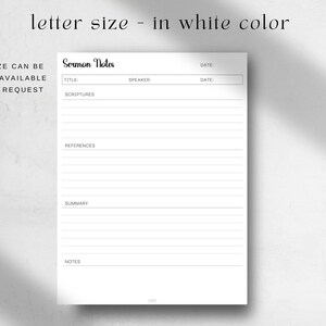 May include: Printable sermon notes template in letter size. The template includes sections for title, speaker, date, scriptures, references, summary, and notes.