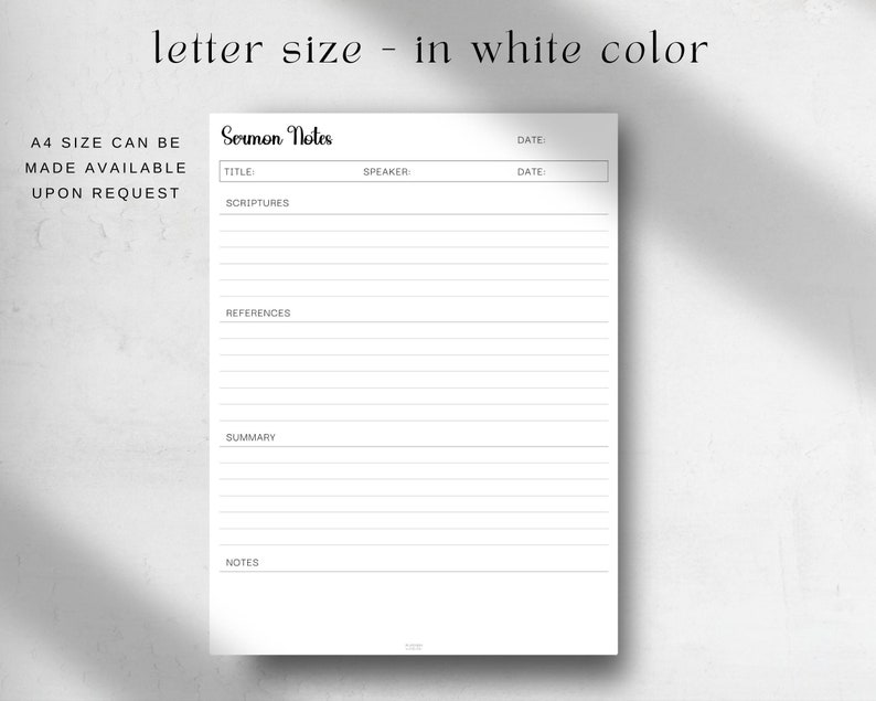 May include: Printable sermon notes template in letter size. The template includes sections for title, speaker, date, scriptures, references, summary, and notes.