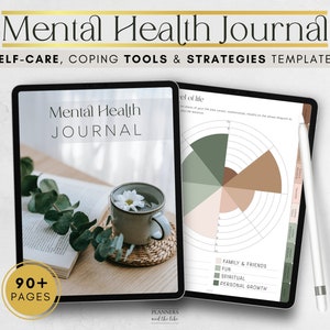 May include: A digital tablet displaying a mental health journal with a cover image of a cup of tea and a book. The journal has over 90 pages and includes self-care, coping tools, and strategies templates. The tablet is on a wooden surface with a white stylus next to it.